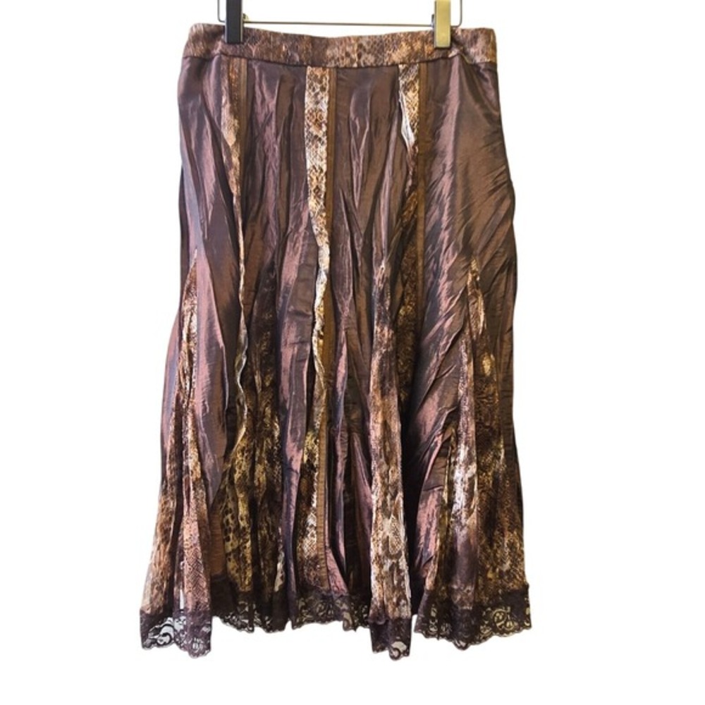 Boho Midi Skirt L Brown Snakeskin Lace‎ Trim Mesh Panel Skirt